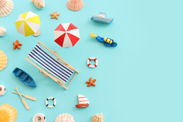 nautical, vacation and travel banner with sea life style objects. Top view