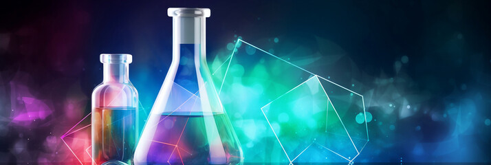 chemistry science research lab background with a glass flask and vial and a vibrant digital abstract