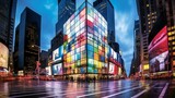 Fototapeta Londyn - Digital Art Exterior City Design, Large digital billboard, Smooth glass, RGB spectrum, LED light, Times Square, Dawn, Energetic, Urban - Generative AI