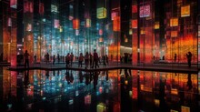 Digital Art Museum, Matrix Of Smart Mirrors, Reflective Glass, RGB Spectrum, Mirror Reflection Light, Singapore Art Science Museum, Evening - Generative AI
