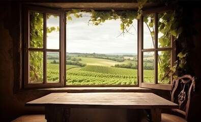 Wine country haven. Vineyard delight. Window to serenity. Wooden table with a view of the house and garden