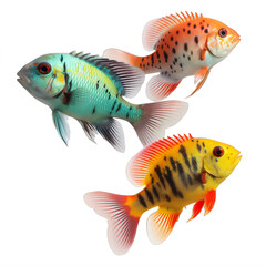 Wall Mural - three colorful fishes swimming on a transparent background png isolated generative ai