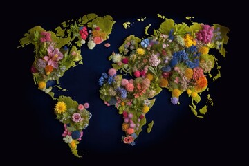 flower map, a world map made of flowers, abstract generative ai illustration
