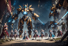 A Regal Empress, Her Presence Commanding Attention, Is Escorted Through A Throng Of Admirers By A Squadron Of Mecha Guar