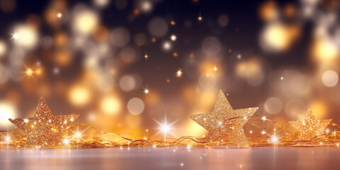 Sticker - Christmas background with golden stars and bokeh. Generative AI.