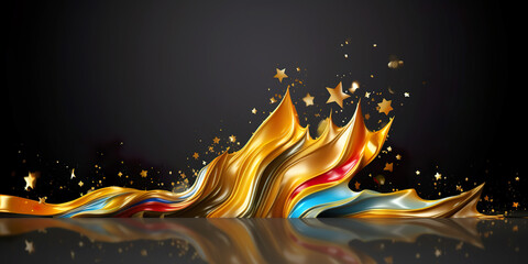 Wall Mural - Gold waves and stars and bokeh black color background. Generative AI.