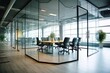 © AIGen - Contemporary Glass Partition in Spacious Corporate Office with Panoramic Windows and Hexagonal Design: Generative AI