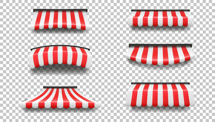 3d awning. Store roof or window canopy, red and white striped textile, food shop, farmers market or cafe tent. Building exterior isolated elements different forms. Vector realistic icon