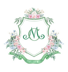 Wall Mural - Dark green watercolor crest with pink, dusty blue flowers. CM initial wedding crest design.