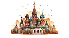Scene Silhouette Of Famous Place Beautiful Landscape Kremlin Saint Basil Cathedral In Moscow Vector. Generated With AI.