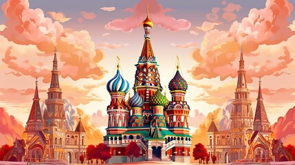 Scene silhouette of famous place Beautiful landscape Kremlin Saint Basil Cathedral in Moscow vector. Generated with AI.