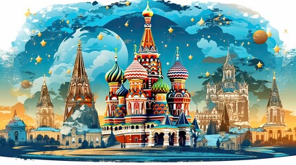 Scene silhouette of famous place Beautiful landscape Kremlin Saint Basil Cathedral in Moscow vector. Generated with AI.