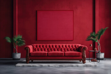 Poster - Modern Red Sofa in Room with Decor Plants, Red Walls and Empty Photo Frame extreme closeup. Generative AI