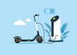 Ecological city transport. Electric scooter battery charger. Public scooter charging station. Sustainable green energy for ecology environment. Flat vector illustration