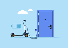 Ecological City Transport. Electric Scooter Charged At Home From The Electrical Mains. Electric Wire Is Plugged Into The Outlet. Flat Vector Illustration
