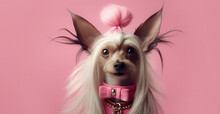 Happy And Cheerful Dog With Long Hair And Decorations On A Pink Background. Banner. Copy Space. AI Generation