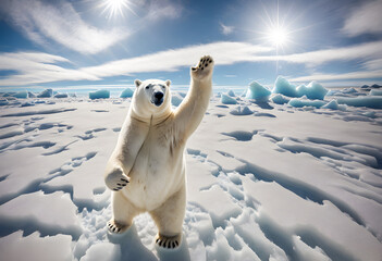 polar bear on snowdrift melting ice floe in arctic sea. saving the earth before ecological catastrop