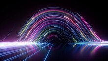 Abstract Black Background With Pink And Blue Neon Glowing Lines That Move Into The Distance, Curve And Fade Away. 3d Render Motion Speed Of Light And Hypertunnel. Movement From Right To Left.