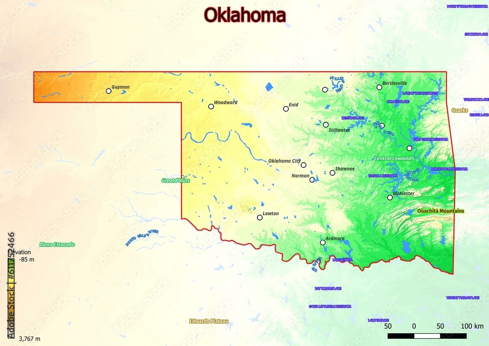 ภาพประกอบ Stock Physical map of Oklahoma with mountains, plains ...