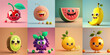 Happy Cartoon Fruits characters collection, part 2, Cute Cartoon 3D fruit set, isolated on flat simple Background with copy space. Generative AI 3d illustration imitation.