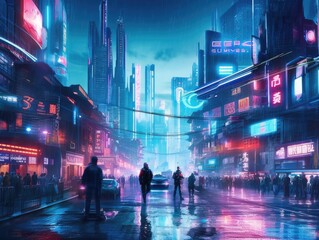 Wall Mural - futuristic fantasy scene where a skilled warrior engages in a high-tech battle against robotic adversaries, set in a sprawling cyberpunk cityscape