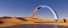 3d Render. Abstract Surreal Background. Panoramic Scenery. Desert Landscape With Sand Dunes, Water And Mirror Round Arch Under The Clear Blue Sky. Minimal Fantastic Wallpaper