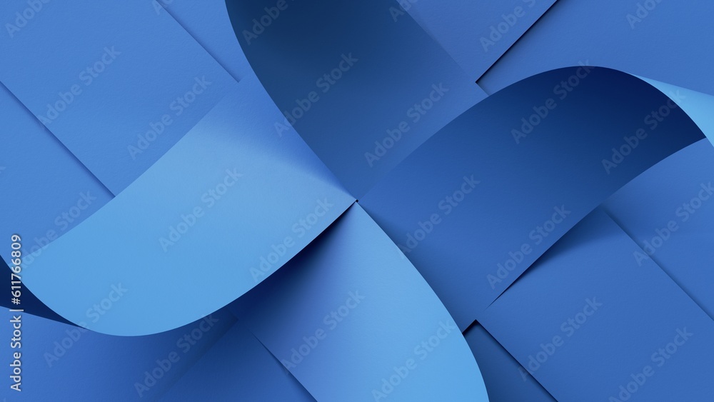 3d render, abstract blue background with interlaced paper ribbons ...
