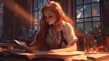 A young writer writing a new detective story. The student is preparing for the session. The schoolgirl is preparing for exams. A journalist deals with a difficult case. A beautiful girl created in ai.