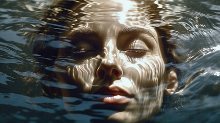 sensual portrait of a girl in theatrical art style, a woman with closed eyes underwater. created in 