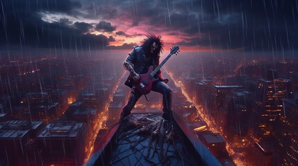 Rock and roll musician in steampunk joker style plays the guitar, clown on the roof of a skyscraper in a storm. Created in AI.