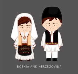 Wall Mural - Woman and man in national Bosnia and Herzegovina costume. Bosnians couple, cartoon characters in traditional ethnic clothes. Flat vector illustration.