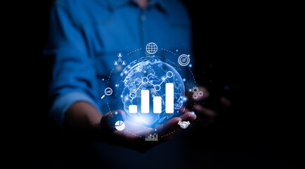 Wall Mural - digital marketing strategies and goals. businessman with icons of digital marketing internet adverti