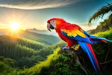 Blue And Yellow Macaw And Rainbow In The Sky Generated By Ai