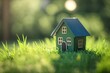 A close-up of a small home model on green grass against a sunny background. Generative AI