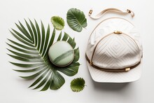 Feminine Flourishes, Greem Leaves, And Half A Coconut. In The Summer, Flat Lay. Generative AI