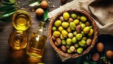 Vegetable olive oil with green and black olives, vegetarian dressing for salads and cooking and frying. Healthly food. Generative AI
