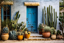 Cactus Plants Potted Plants And A Blue Door Of A House, Mexican Style, Generative Ai