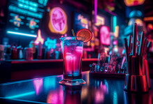 Neon Nightclub With Drinks In The Dark Style, Generative Ai