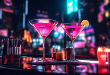Two Martinis In Neon Atmosphere, Nightclub, Close Up, Generative Ai
