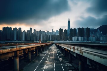 Poster - an urban skyline seen from an empty highway. Generative AI