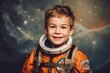 Portrait of a cute little boy in astronaut costume. Space theme.