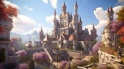 Wall Mural - Grand and enchanting game art castle straight out of a fairy tale, complete with towering turrets, a drawbridge, and a sprawling garden