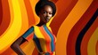 © Summit Art Creations - Young african female model posing with trendy fashion outfit and colorful vibrant orange optical art abstract background. Picturesque generative AI