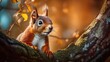 Red Squirrel on the tree. Beautiful Squirrel with orange eyes,