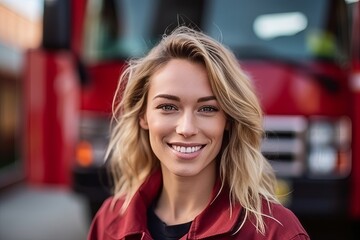 Poster - portrait of smiling young woman standing in front of firetruck