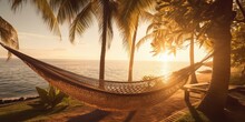 Tranquil Seaside Scene With A Hammock Suspended Between Two Palm Trees, Gently Swaying In The Ocean Breeze  Generative AI Digital Illustration Part#110623