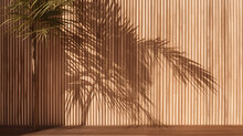 Soft And Beautiful Foliage Dappled Sunlight Of Tropical Bamboo Tree Leaf Shadow On Brown Wooden Panel Wall With Wood Grain For Luxury Product Display, Interior Design Decoration Background 3D