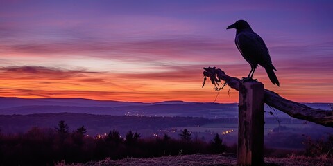 Wall Mural - A raven perches on a weathered cross atop a hill, silhouetted against a sky ablaze with hues of purple and gold.    Generative AI Digital Illustration Part#110623