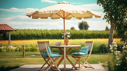 Table, chairs and umbrella outdoors in garden. Summer spring picnic concept.