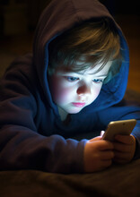 Small Boy Watching Movie Or Playing Game On His Smartphone In The Evening. Closeup Detail, His Face Illuminated By Device Screen. Generative AI